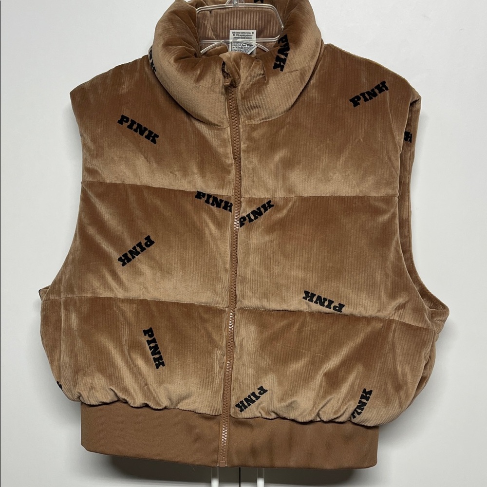 PINK Victoria’s Secret Brown Corduroy Puffer Vest Logo Print Size M